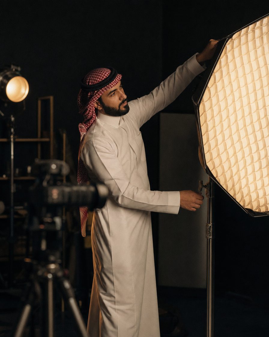 مصوّر يضبط إضاءة الاستوديو