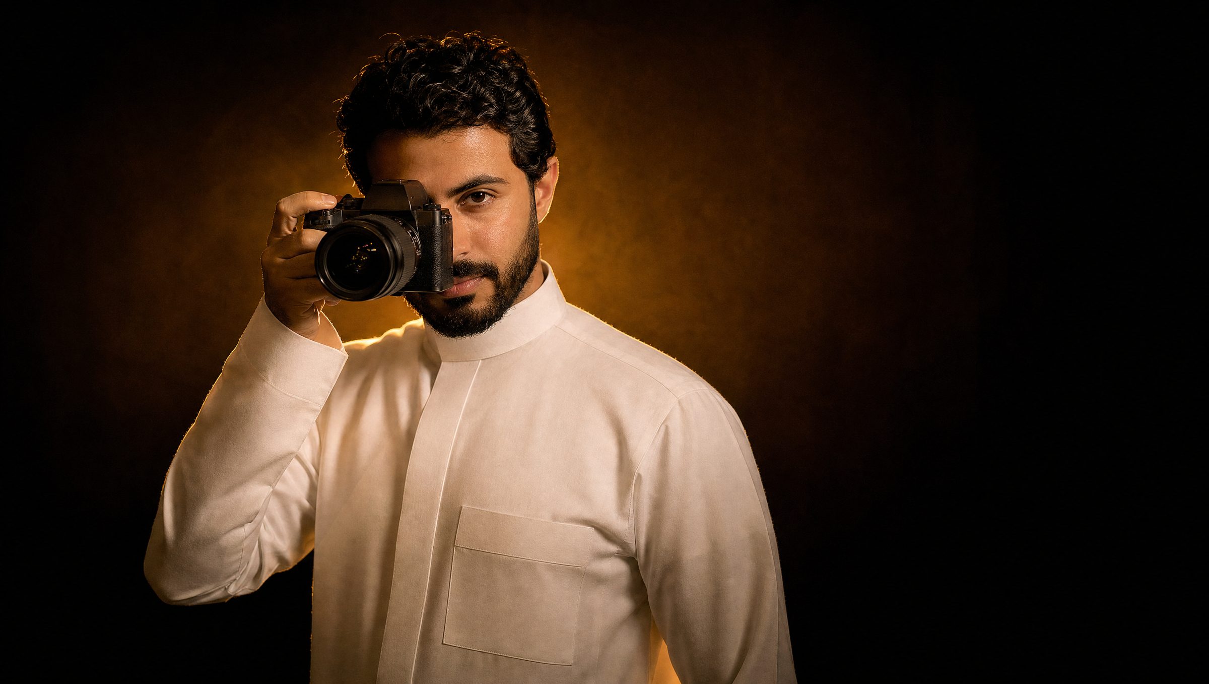 مصوّر بثوب أبيض يرفع كاميرته أمام خلفية ذهبية دافئة