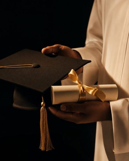 صورة توضيحية: يدان تمسكان قبعة تخرج سوداء بشرابة ذهبية وشهادة ملفوفة بشريط ذهبي، وخلفهما ثوب أبيض